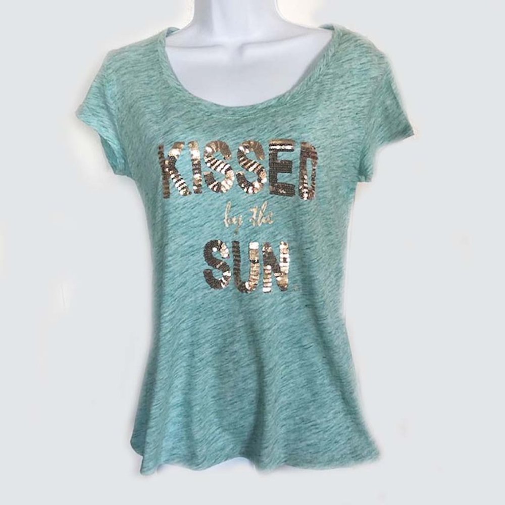 NEW YORK & CO Aqua Graphic T-Shirt Marled Sequin KISSED Size S